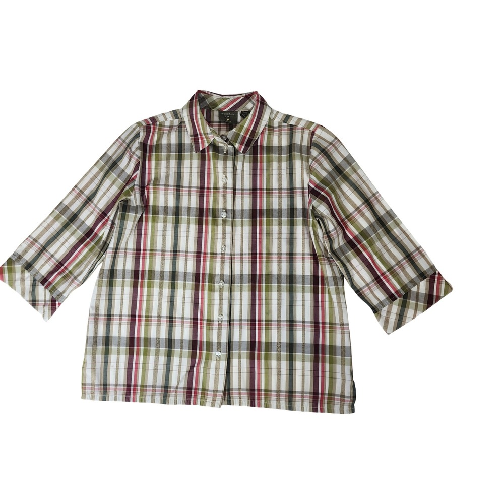 Mountain Lake Petite Womens Plaid Button Down Shirt 3/4 Sleeve Green Burgundy 8P